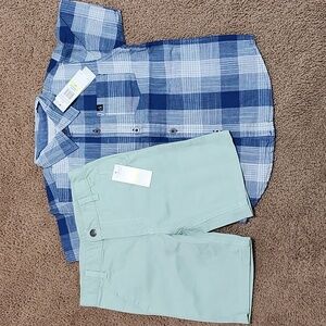 Calvin Klein Jeans Toddler 2 Piece Set Blue Plaid Button Shirt Green Shorts $55